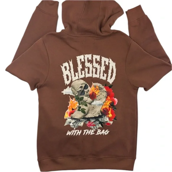 Rebel Minds Brown “Blessed w/ the Bag” Graphic Fleece Lined Hoodie (M) - Picture 2 of 16